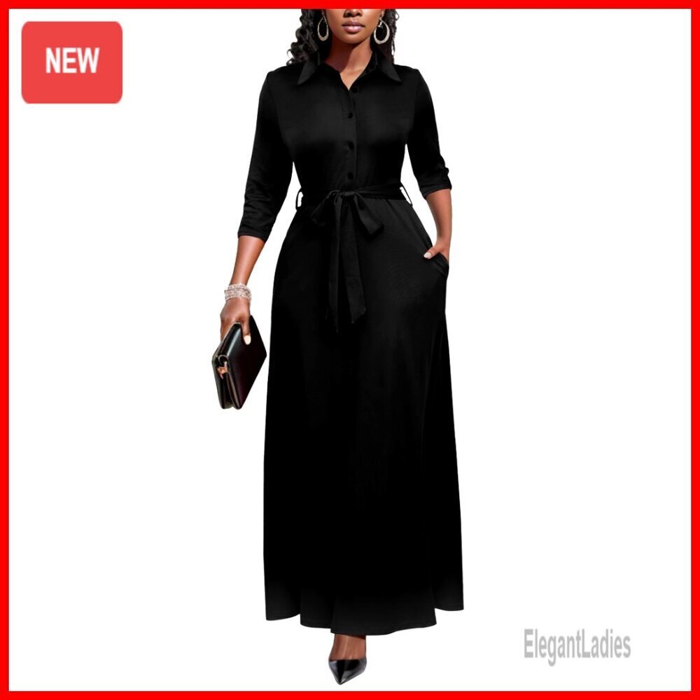 Floral Print Maxi Dress with 3/4 Sleeves, Side Pockets, Office Church Wear